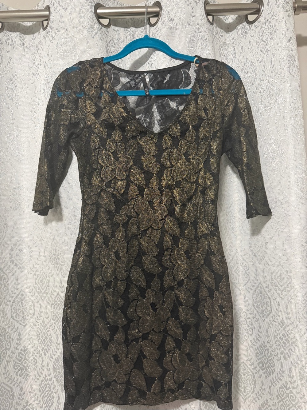 Black & Gold Floral Sheer Overlay Dress with Fabric Cutouts on the Hip